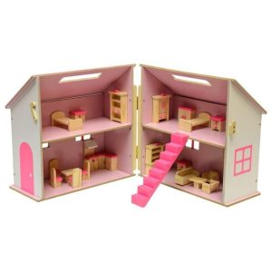 Poppenhuis (hout) met meubilair – 21-delig
