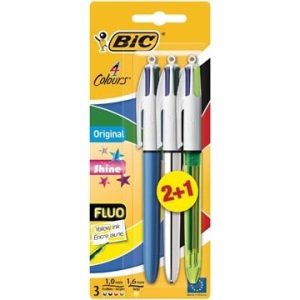 BIC 4-kleurenbalpen Original/Shine/Fluo – 2+1 gratis
