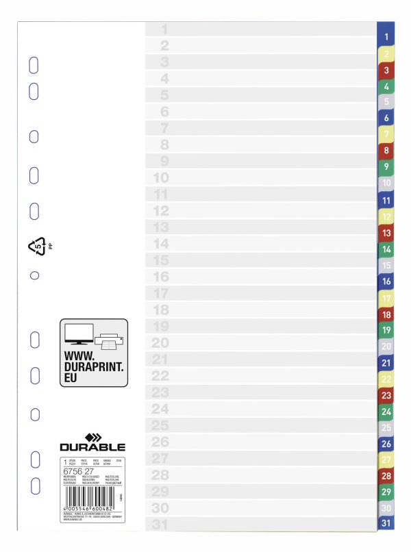 Tabbladen PP (numeriek 1-31) A4/11-gaats - 5 kleuren/31stuks - Afbeelding 2