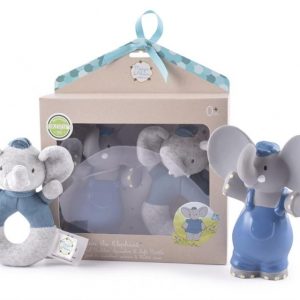 Meiya & Alvin – Olifant Elvin squeaker 16cm + rammelaar 13cm (cadeaubox)