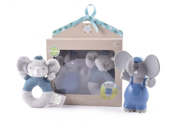 Meiya & Alvin - Olifant Elvin squeaker 16cm + rammelaar 13cm (cadeaubox)