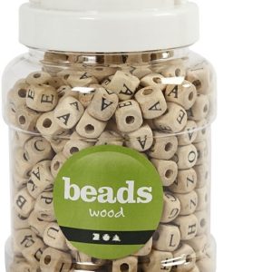 Houten kralen ALFABET 9x9x9mm/gatgrootte 3mm – naturel
