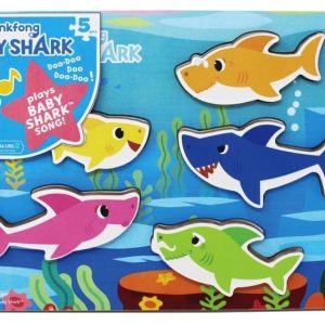 Baby Shark – Puzzel (hout) met geluiden (5 haaien vormen)