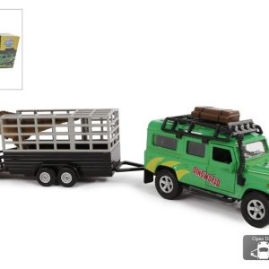 Pull-back Land Rover met dino-trailer (29cm)