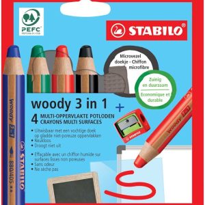 Stabilo Woody 3-in-1 kleurpotloden – Etui (karton) 4stuks + slijper + doekj