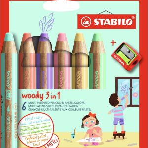 Stabilo Woody 3-in-1 PASTEL kleurpotloden – Etui (karton) 6stuks + slijper