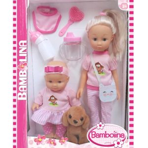 Bambolina Zussen poppen (35/20cm) met pluche hondje en accessoires