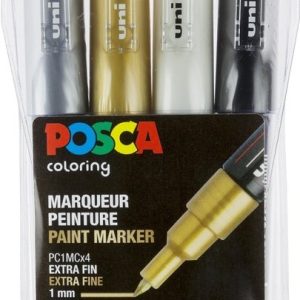 Posca Paint Marker op waterbasis (1mm) – 4stuks (wit/zwart/zilver/goud)