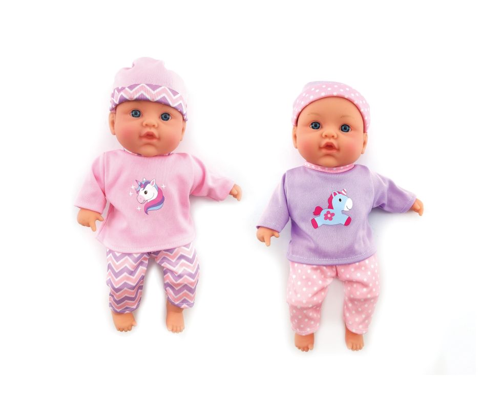 Babypopje (soft body) met geluid – 31cm – Roze OF Paars – 1 exemplaar