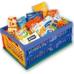 Opvouwbare plastieken krat (meerkleurig) – gevuld