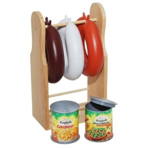 Worstenrek (hout) met 3 worsten en 2 groenten conservenblikjes