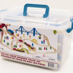 Super Trein Set (hout) in plastic box – 100stuks