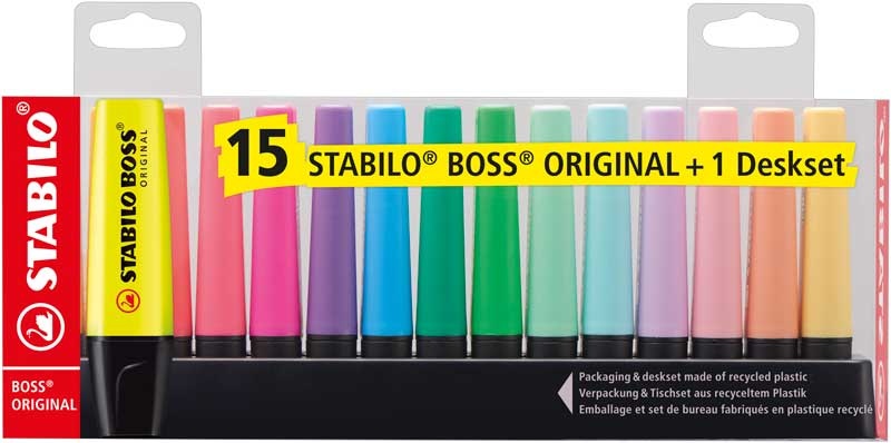 Stabilo BOSS Original – Deskset 15stuks (9 x fluo/6 x pastel)