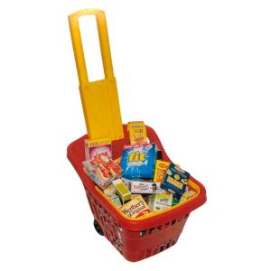 Trolley (plastiek) met 2 handvaten (rood/geel) – gevuld
