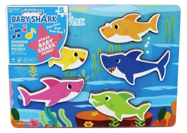 Baby Shark - Puzzel (hout) met geluiden (5 haaien vormen)