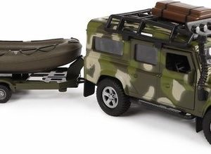 Pull-back Landrover Military + aanhanger met boot – 27cm