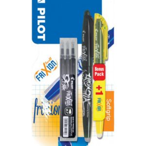 Pilot FriXion Rollerball 0,7mm – zwart + 3 vullingen + 1 FriXion Fluo geel