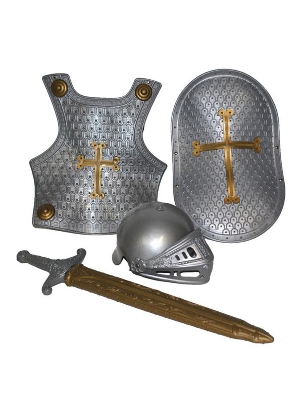 Ridderset zilver - 4-delig (helm/borstschild/zwaard/schild)