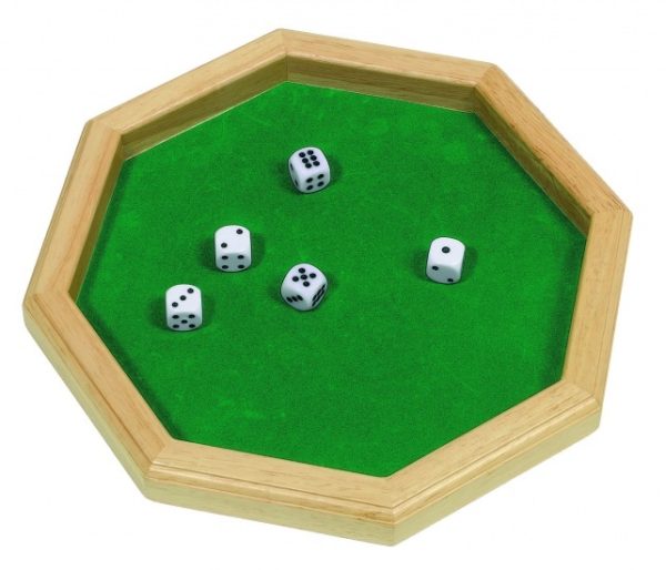 Dobbelsteenbak (hout) achthoekig + 5 dobbelstenen