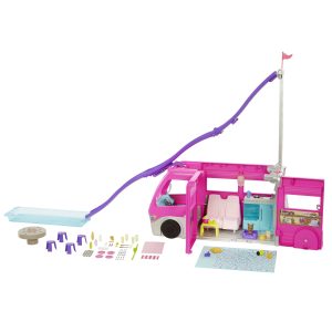 Barbie Camping – Droomcamper met zwembad, glijbaan & 60+ accessoires