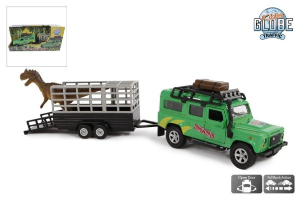 Pull-back Land Rover met dino-trailer (29cm)