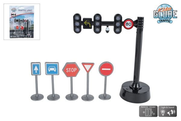 Verkeerslicht met 3 lichten 11,5 cm en 5 verkeersborden 5 cm. 3+. 30370471