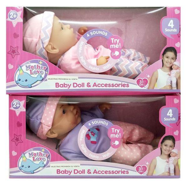 Babypopje (soft body) met geluid - 31cm - Roze OF Paars - 1 exemplaar