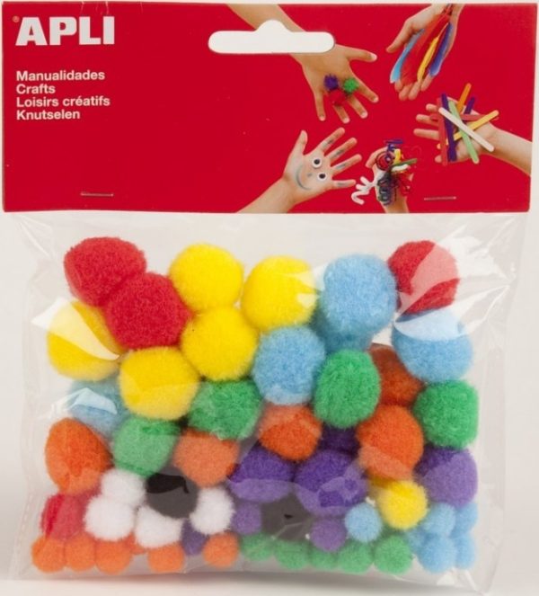 APLI Pompons verschillende afmetingen - 78stuks (assorti)