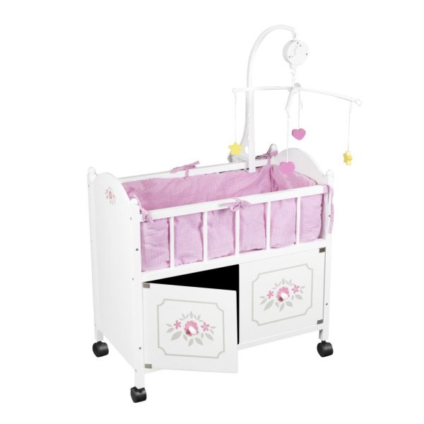 Houten poppenbed met kast (2-deuren) en mobieltje - wit (49x37x35cm) - Afbeelding 3