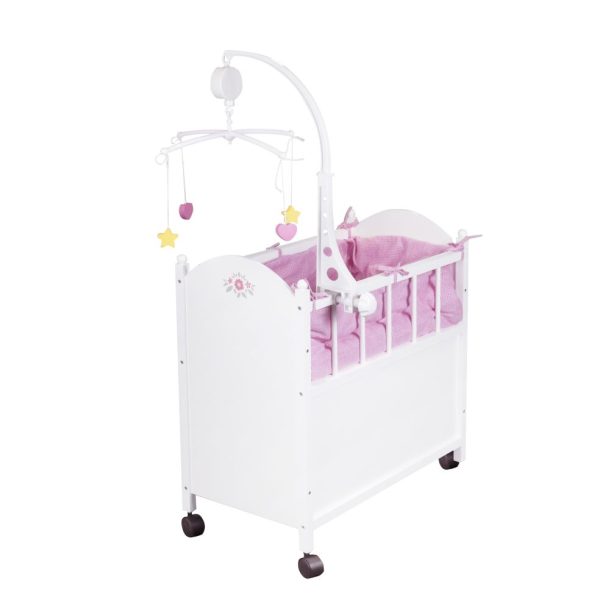 Houten poppenbed met kast (2-deuren) en mobieltje - wit (49x37x35cm) - Afbeelding 4