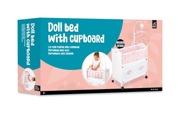 Houten poppenbed met kast (2-deuren) en mobieltje - wit (49x37x35cm) - Afbeelding 5