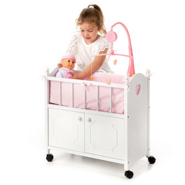 Houten poppenbed met kast (2-deuren) en mobieltje - wit (49x37x35cm) - Afbeelding 6