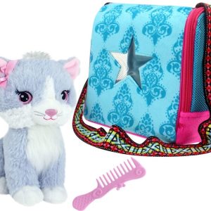 grijs katje in draagtasje