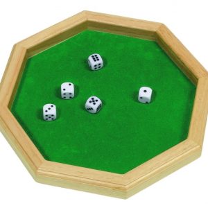 Dobbelsteenbak (hout) achthoekig + 5 dobbelstenen