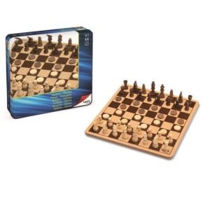 Schaak en Dammen in een metalen doos