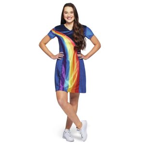 K3 – Verkleedjurk “Regenboog” blauw (volwassenen maat 38/40)