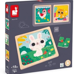 Janod Puzzel 3-in-1 (3x9stuks) – Dieren (konijn/kat/kip)