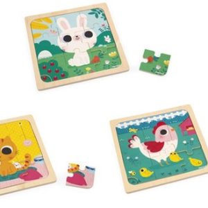 Janod Puzzel 3-in-1 (3x9stuks) – Dieren (konijn/kat/kip)