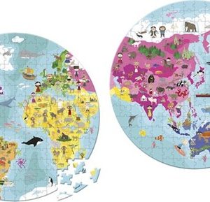 Janod – Puzzel (208stuks) in koffer – De Wereld dubbelzijdig (rond)