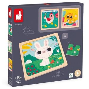 Janod Puzzel 3-in-1 (3x9stuks) – Dieren (konijn/kat/kip)