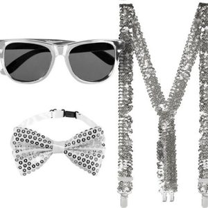 Accessoireset (partybril/vlinderstrik/bretels) – Zilver