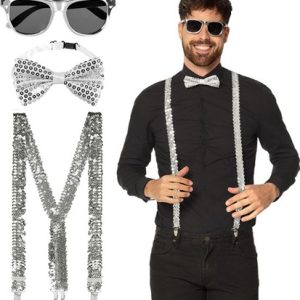 Accessoireset (partybril/vlinderstrik/bretels) – Zilver