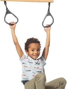 Dice Houten ringtrapeze met kunststof ringen-zwart gevlochten touw-ringen