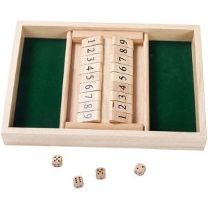 Shut the box (hout) + 4 dobbelstenen (hout) 34x24x4cm – 2 spelers