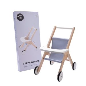 Poppenwandelwagen (hout) – grijs/blauw