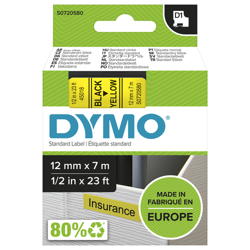 Dymo Tape D1 (12mm x 7m) - zwart/geel