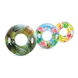 Zwemring (Ø97cm) – TRANSPARANT met TROPICAL prints – 1 exemplaar