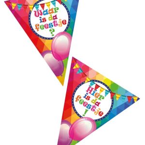 Vlaggenlijn “Waar is dat feestje?/Hier is dat feestje!” – 5m/10 vlaggen